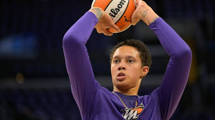 May 19, 2023; Los Angeles, California, USA; Phoenix Mercury center Brittney Griner (42) warms up prior to the game against the Los Angeles Sparks at Crypto.com Arena. Mandatory Credit: Jayne Kamin-Oncea-USA TODAY Sports